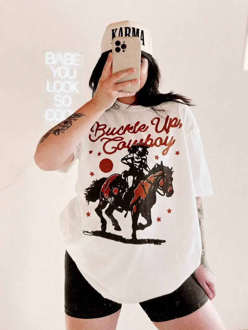 Buckle Up Cowboy Western Graphic Tee In White