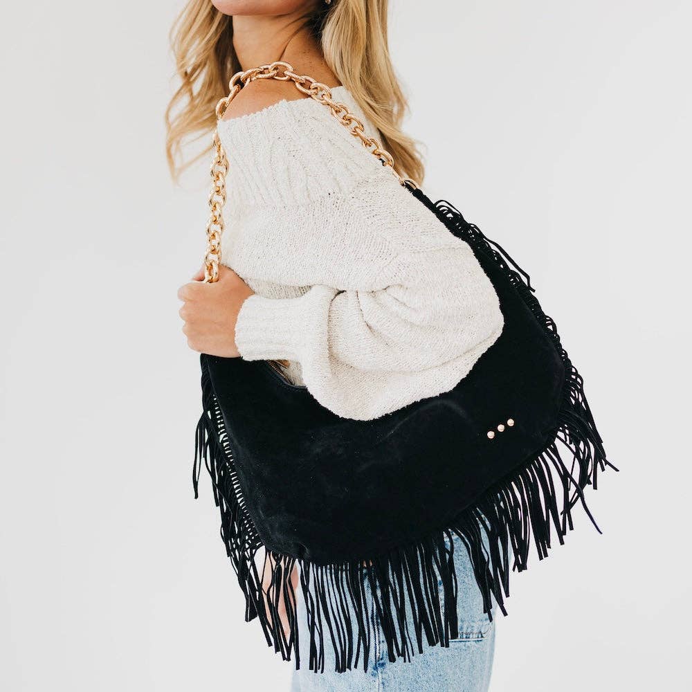 Loretta Suede Fringe Slouchy Bag in Black