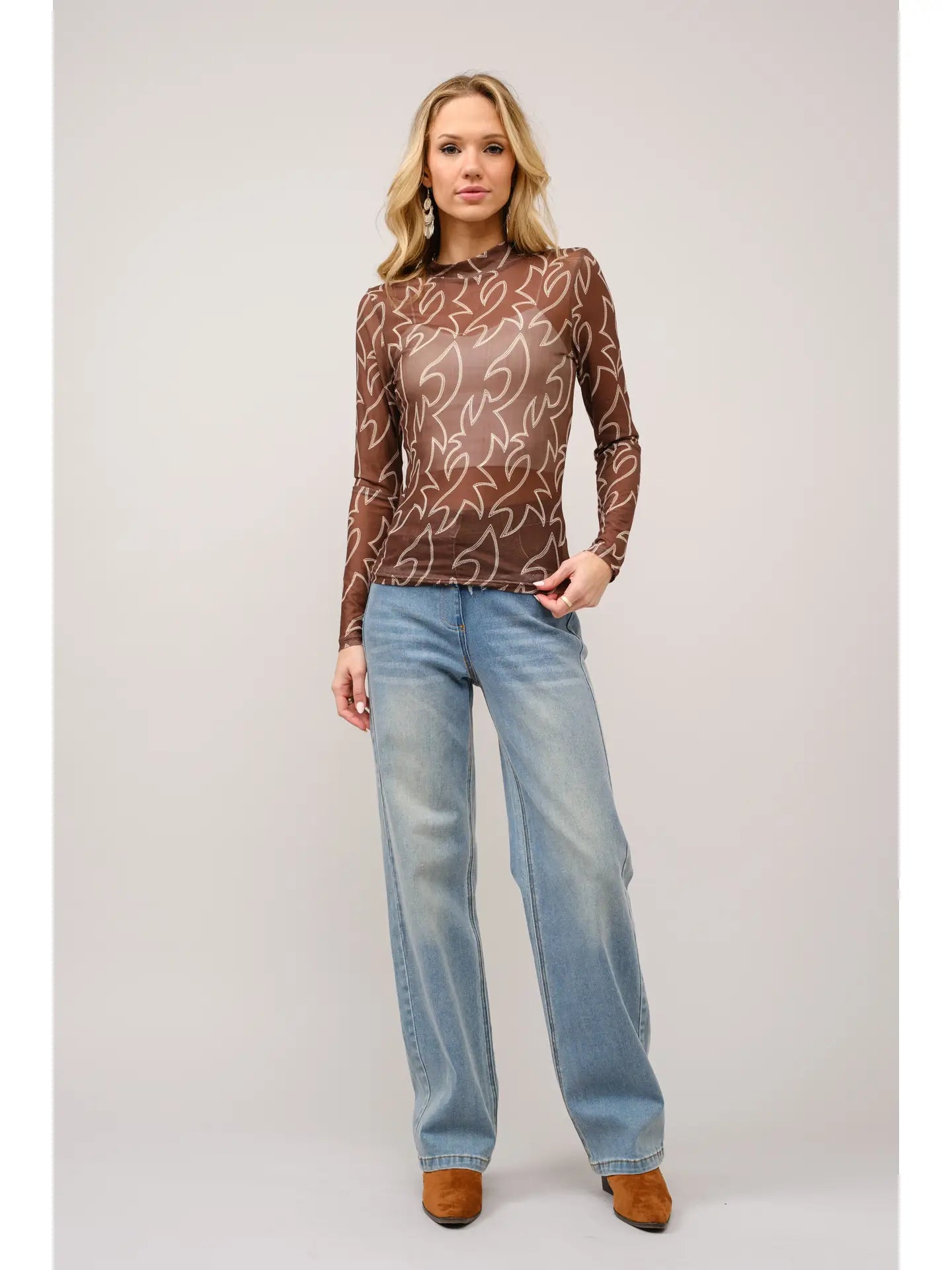 Paige Boots Stitch Throughout Mesh Mock Neck Fitted Top