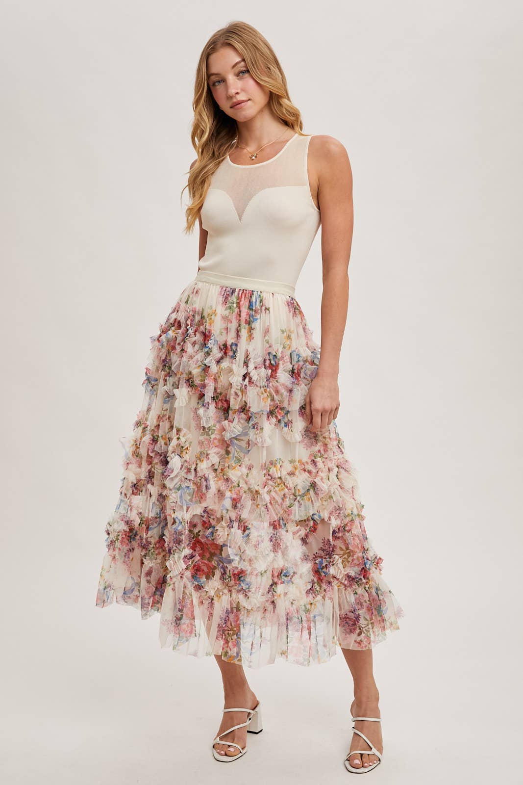 Joni Floral Ruffled Mesh Skirt in Ecru