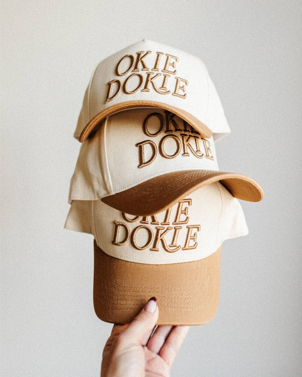 OKIE DOKIE Embroidered Trucker Hat in Caramel