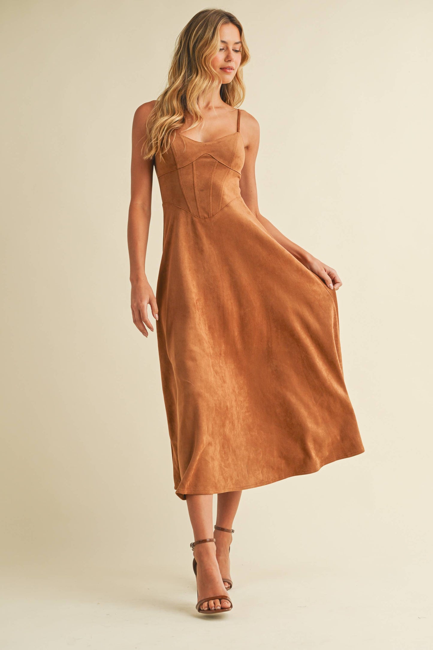 Emma Suede Corset Midi Dress in Camel