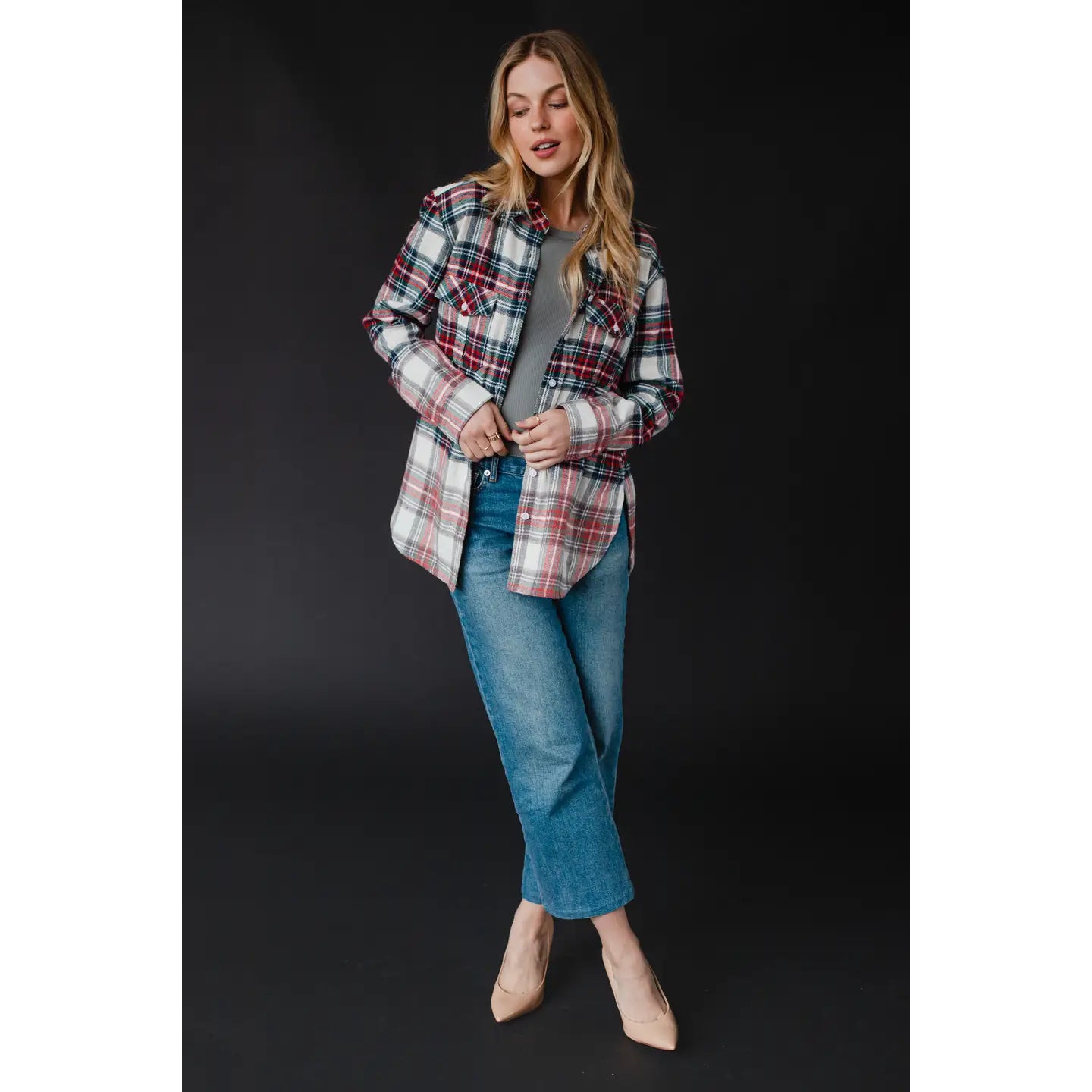 Selena Cream, Navy, Red & Green Plaid Flannel