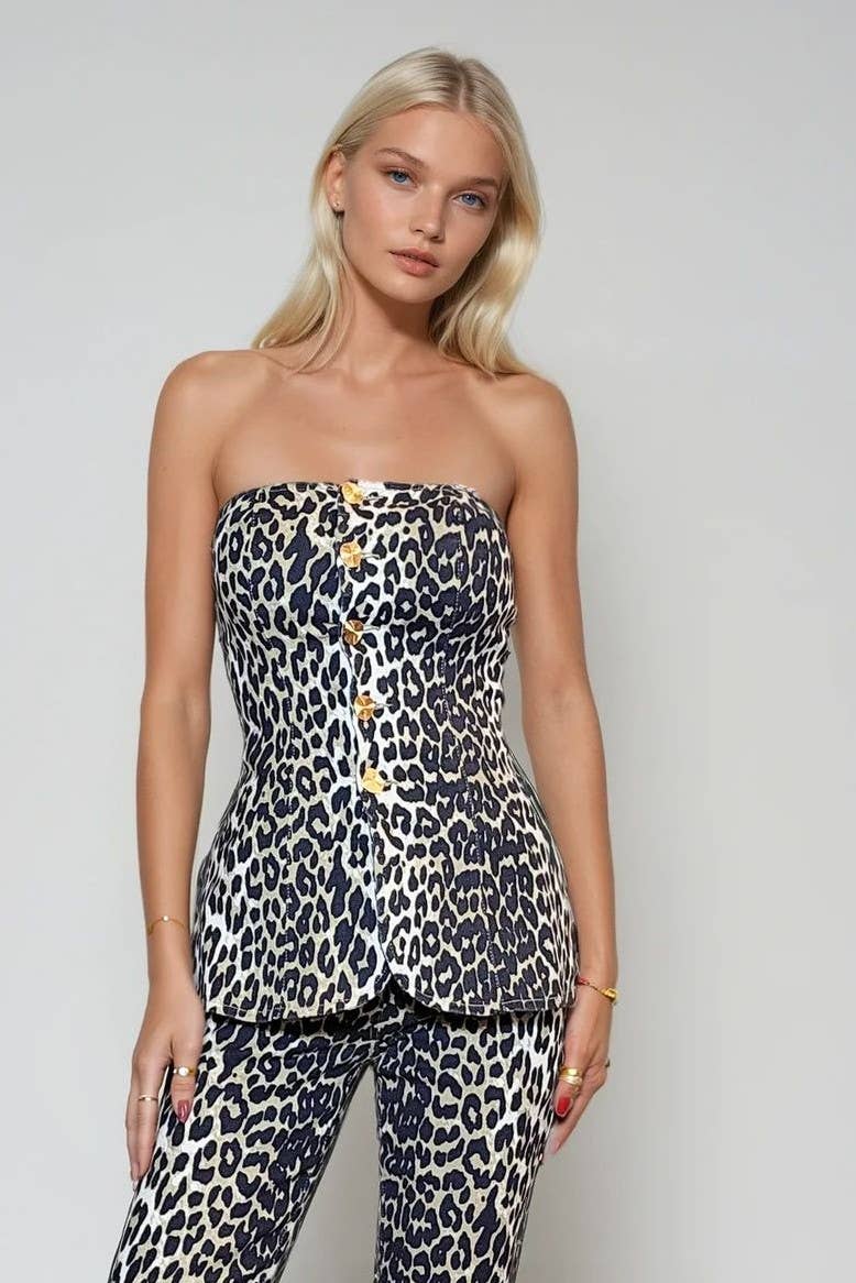 Ambria Leopard Print Stretch Denim Tube Top