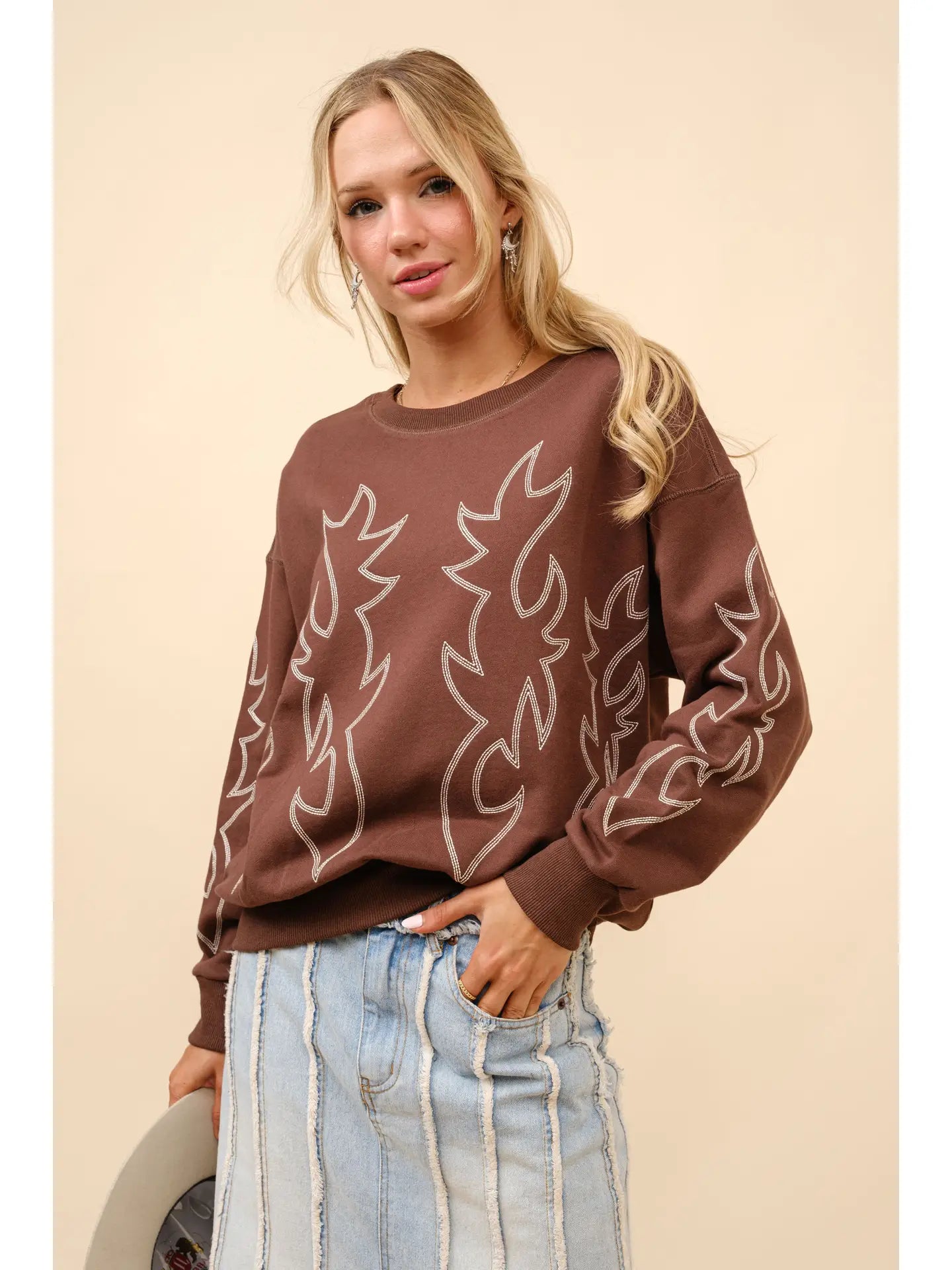 Chloe Western Boots Stitch Pullover Sweatshirt