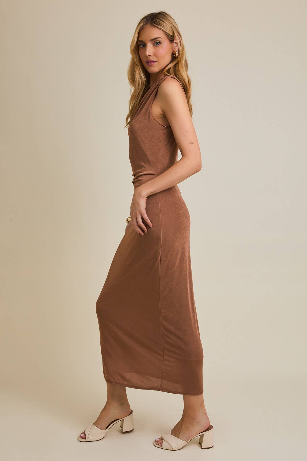 Kenna Cowl Neck Sleeveless Maxi Dress in Latte