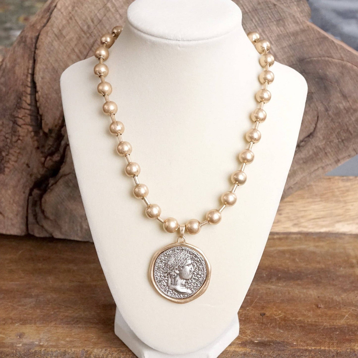Coin Chunky Ball Chain Statement Necklace in Gold Tones