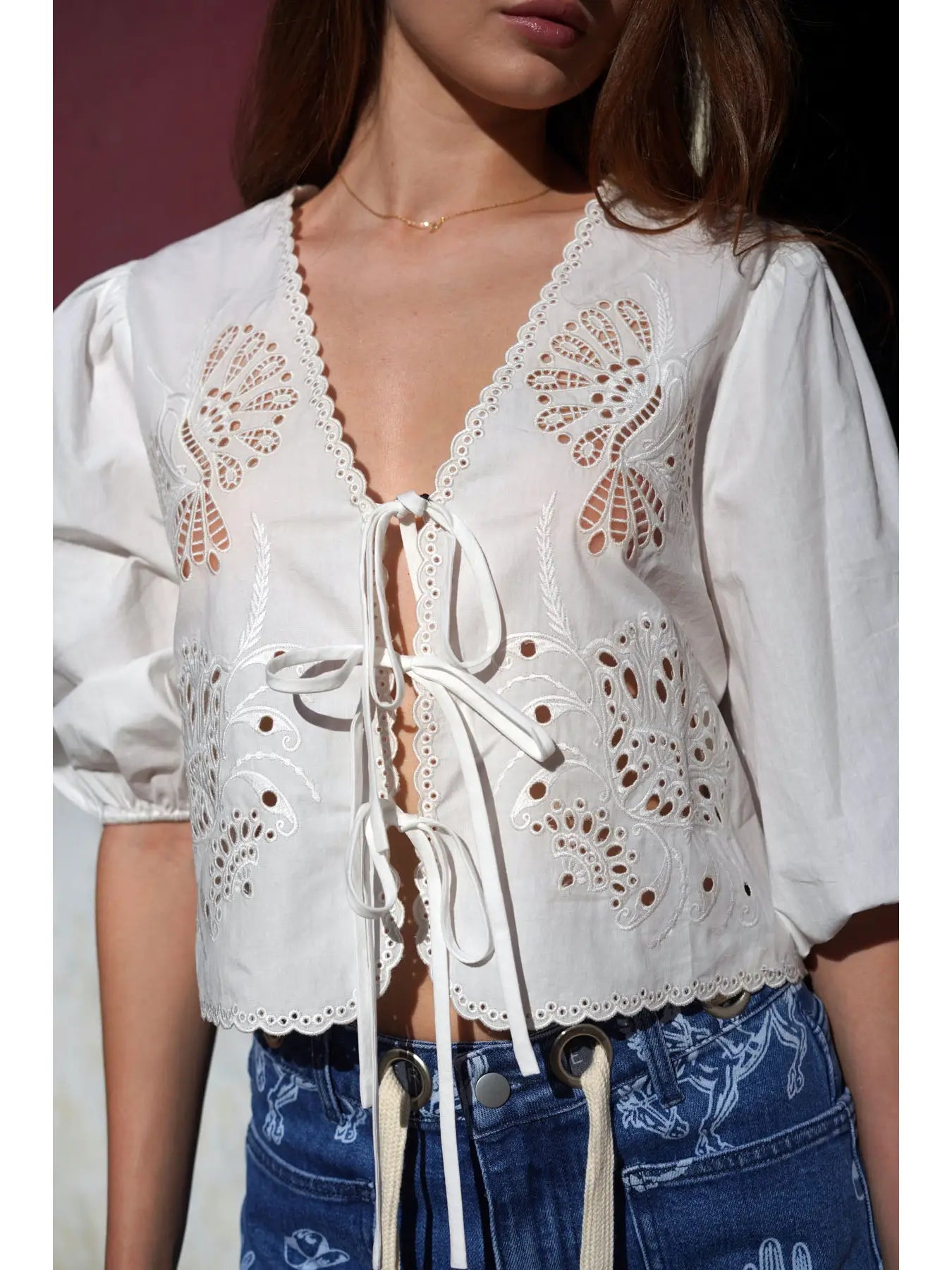 Bree 3/4 Puff Sleeve Embroidered Tie Front Blouse