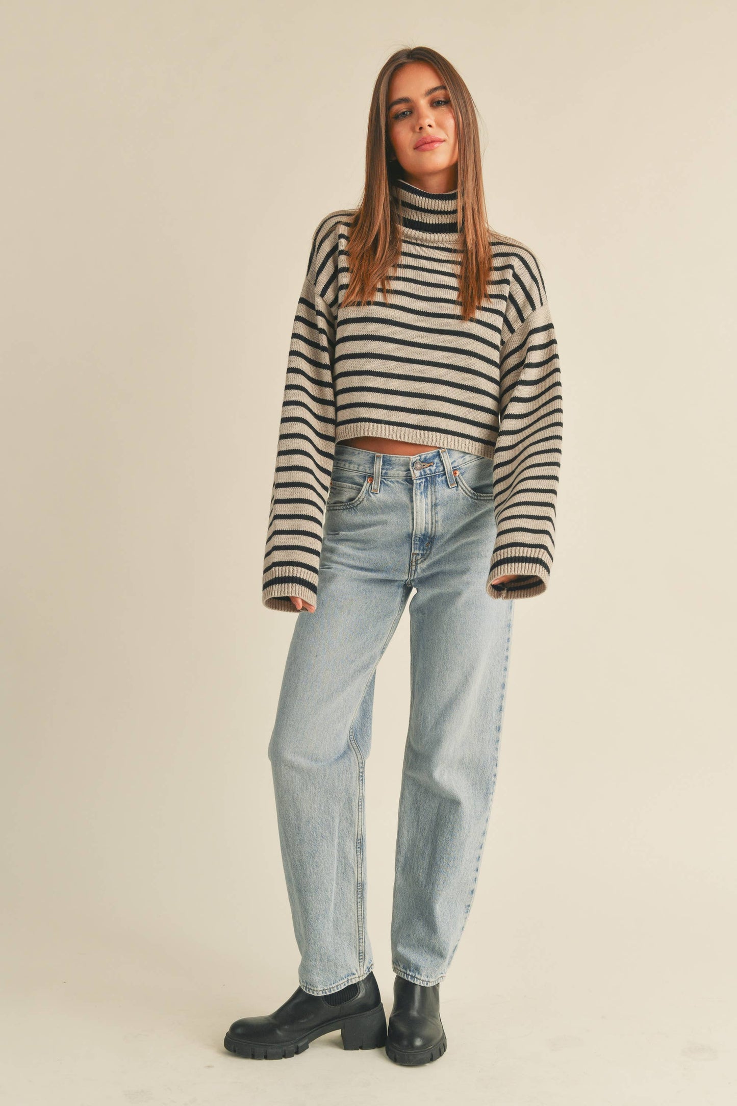 Amber Striped Turtle Neck Crop Sweater in Mocha/Black