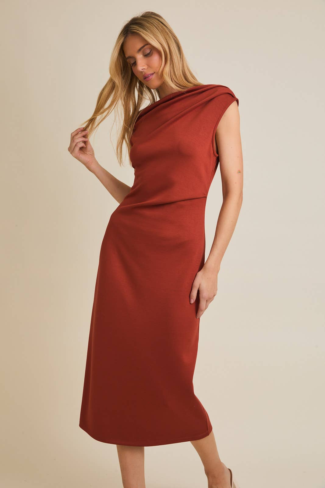 Lauren One Shoulder Midi Dress in Rust