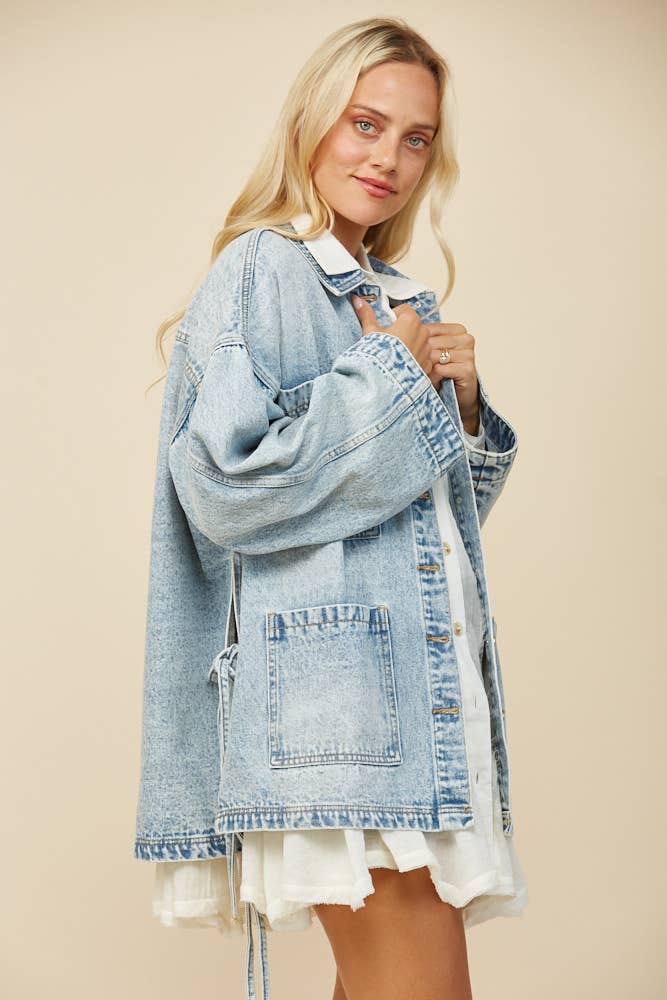 Adeline Boho Side Tie Oversized Denim Jacket