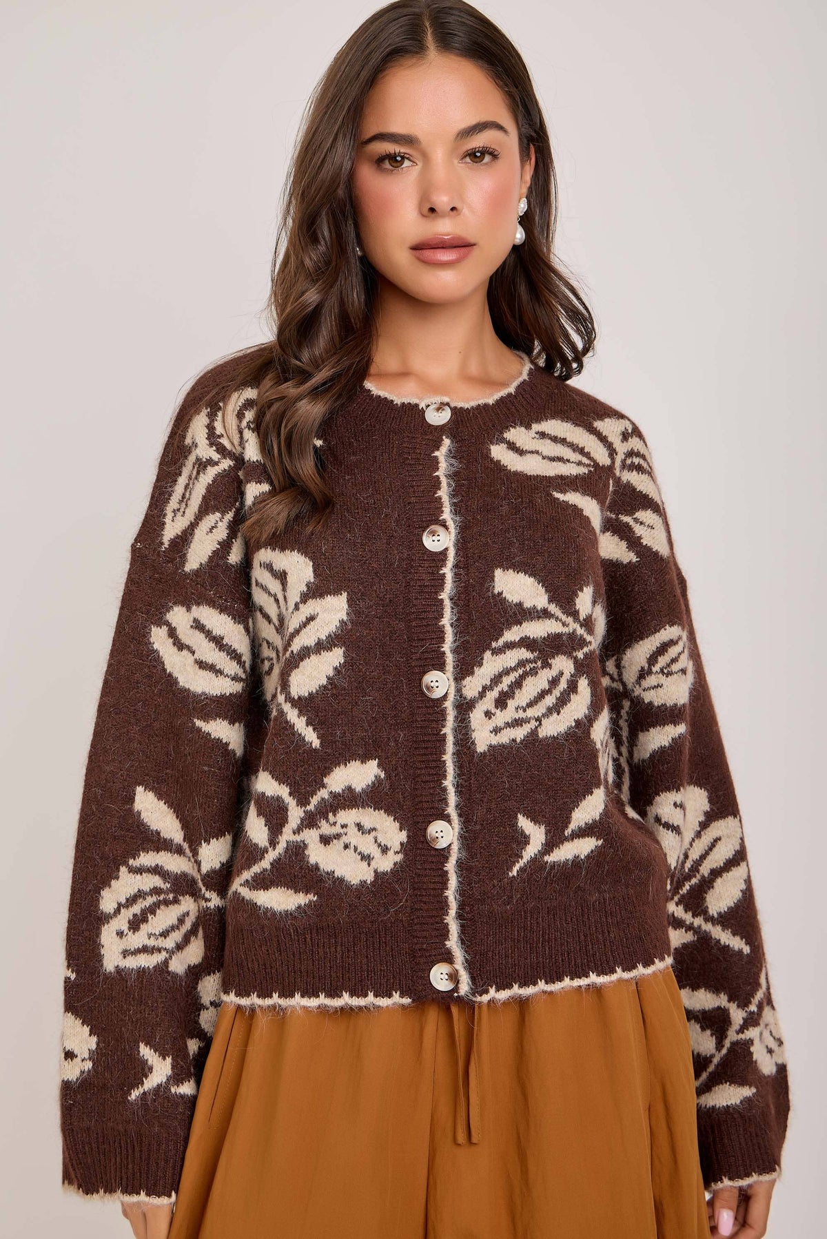 Julia Floral Patterned Cardigan in Mocha