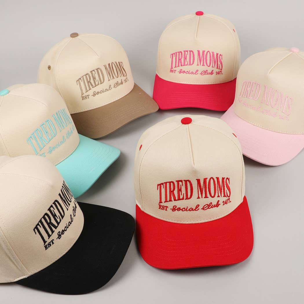 Tired Moms EST Social Club 24/7 Embroidery Cap in Red