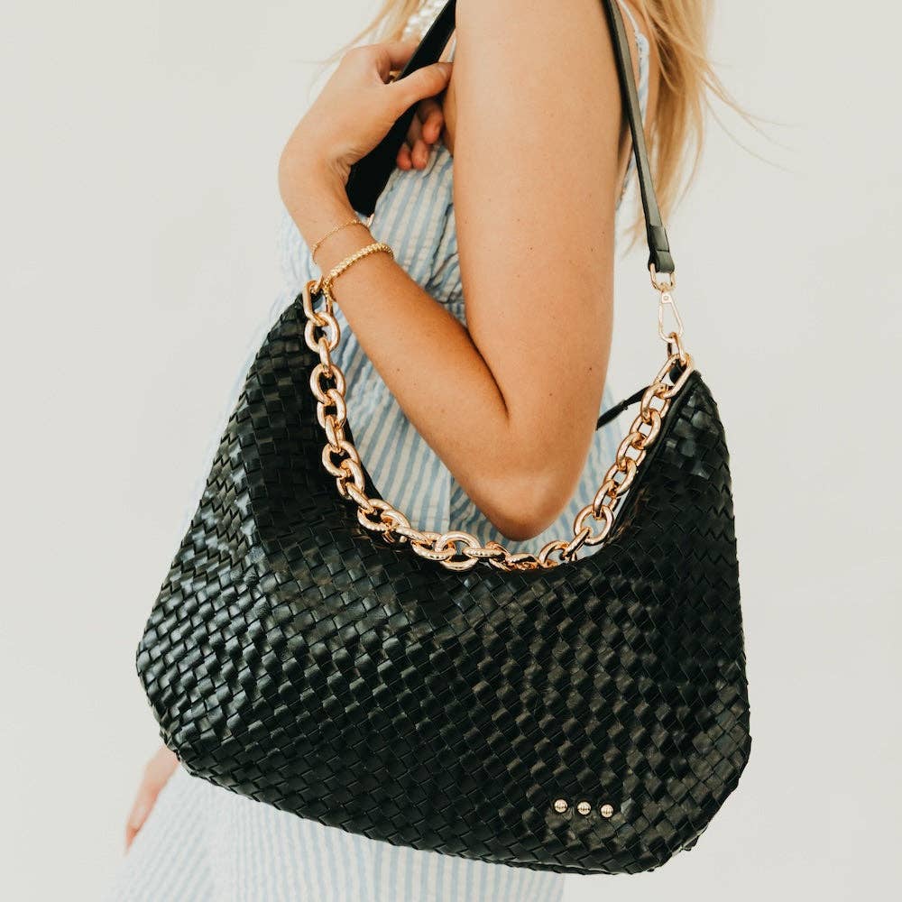 Sienna Slouchy Woven Shoulder Bag in Checkered Black