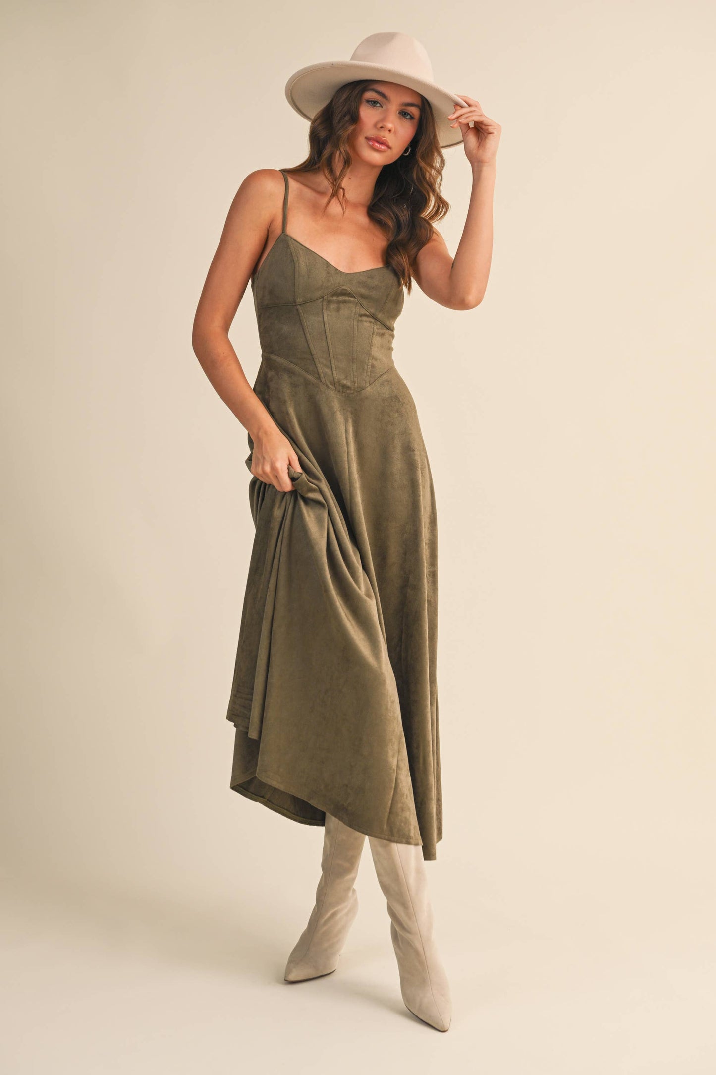 Emma Suede Corset Midi Dress in Camel
