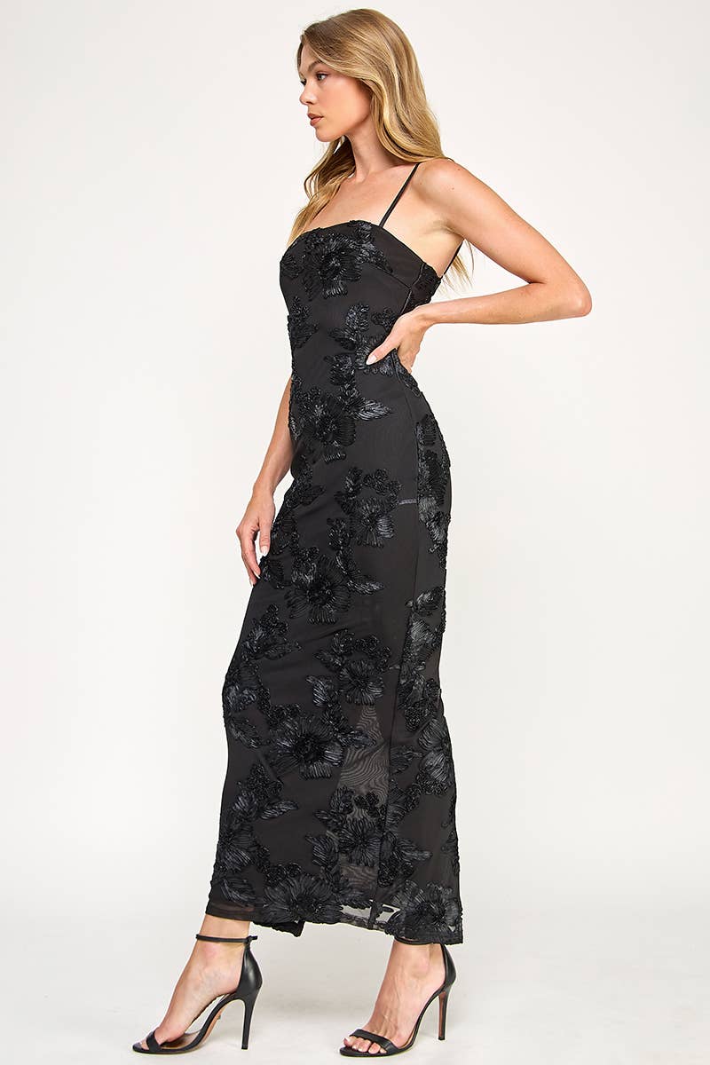 Jules Mesh Embroidered Floral Black Dress