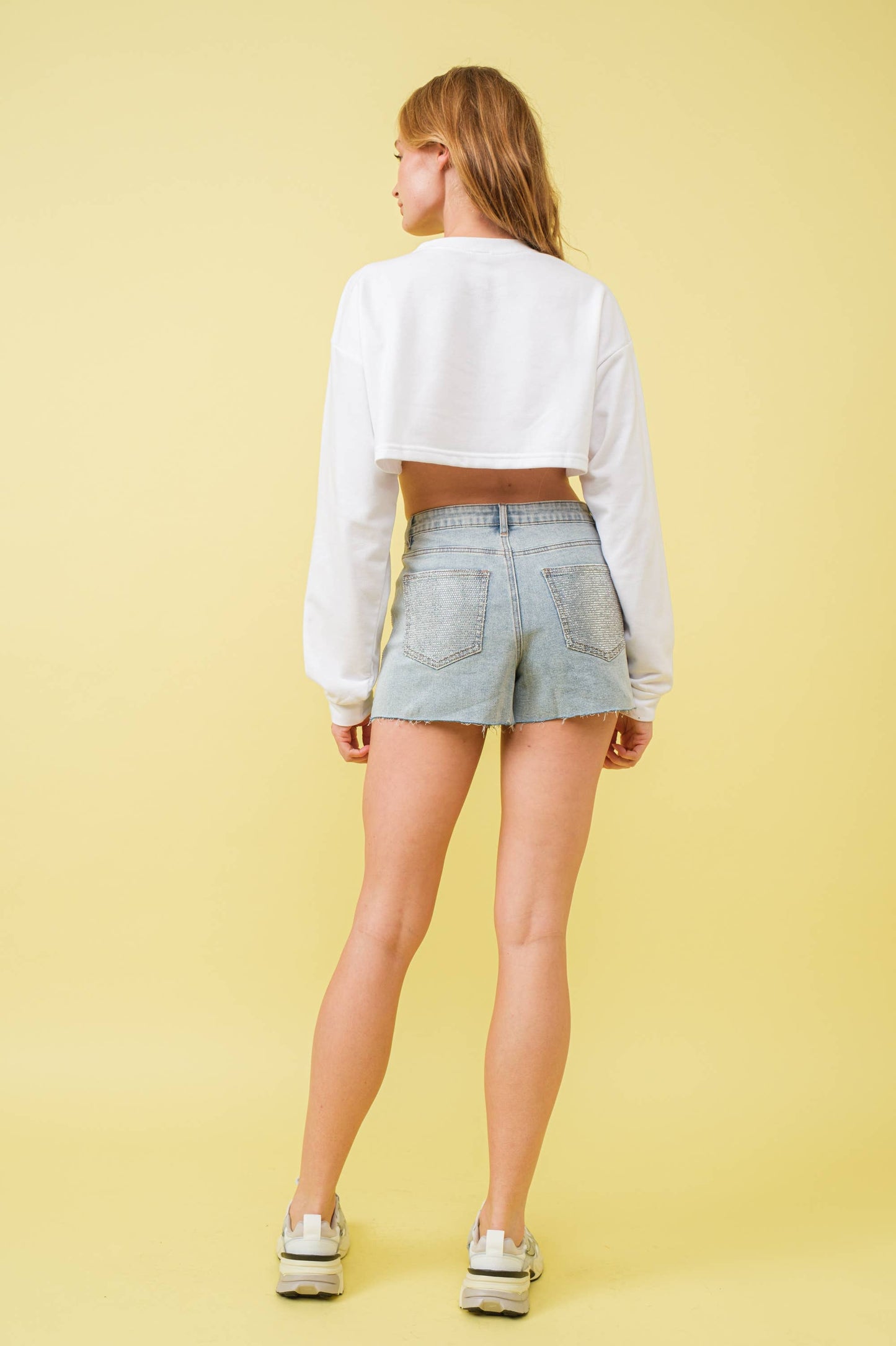 Lucie Studded Scatter Mid Rise Stretch Denim Shorts