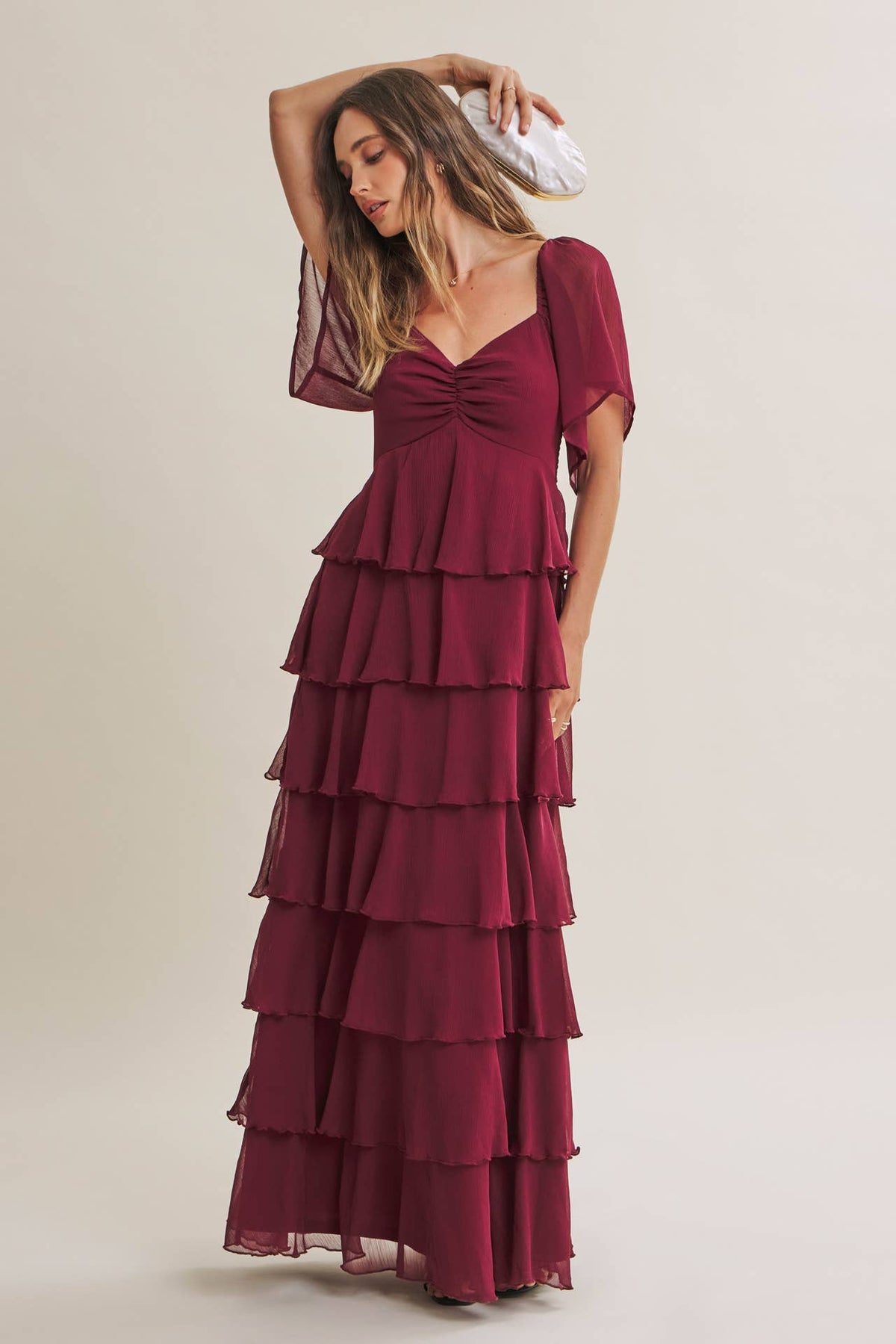 Cortney Smocked Maxi Dress in Burgundy