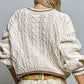 Brittany Cable Knit Crewneck Contrast Trim Sweater Top in Cream