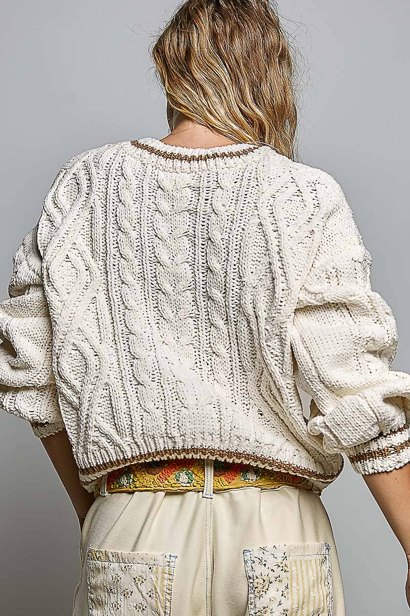 Brittany Cable Knit Crewneck Contrast Trim Sweater Top in Cream
