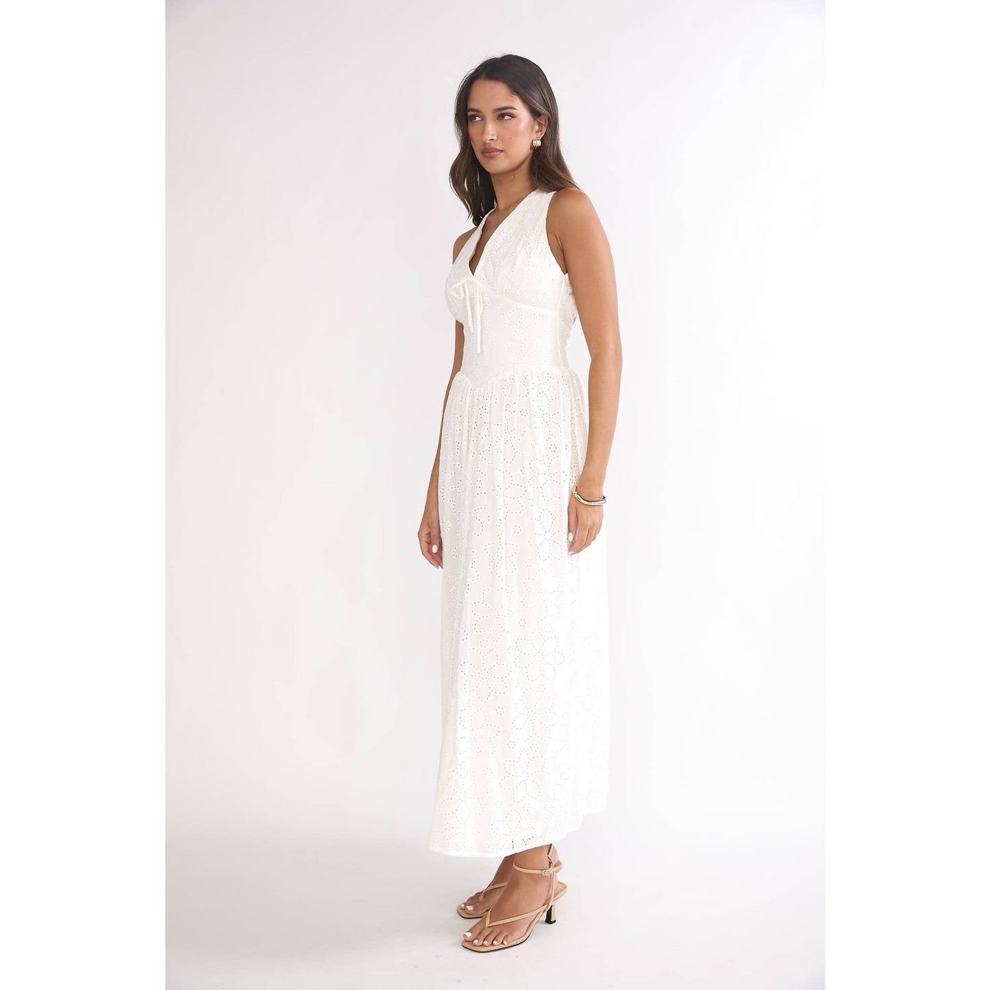 Halee Eyelit Halter Midi Dress in Lemon