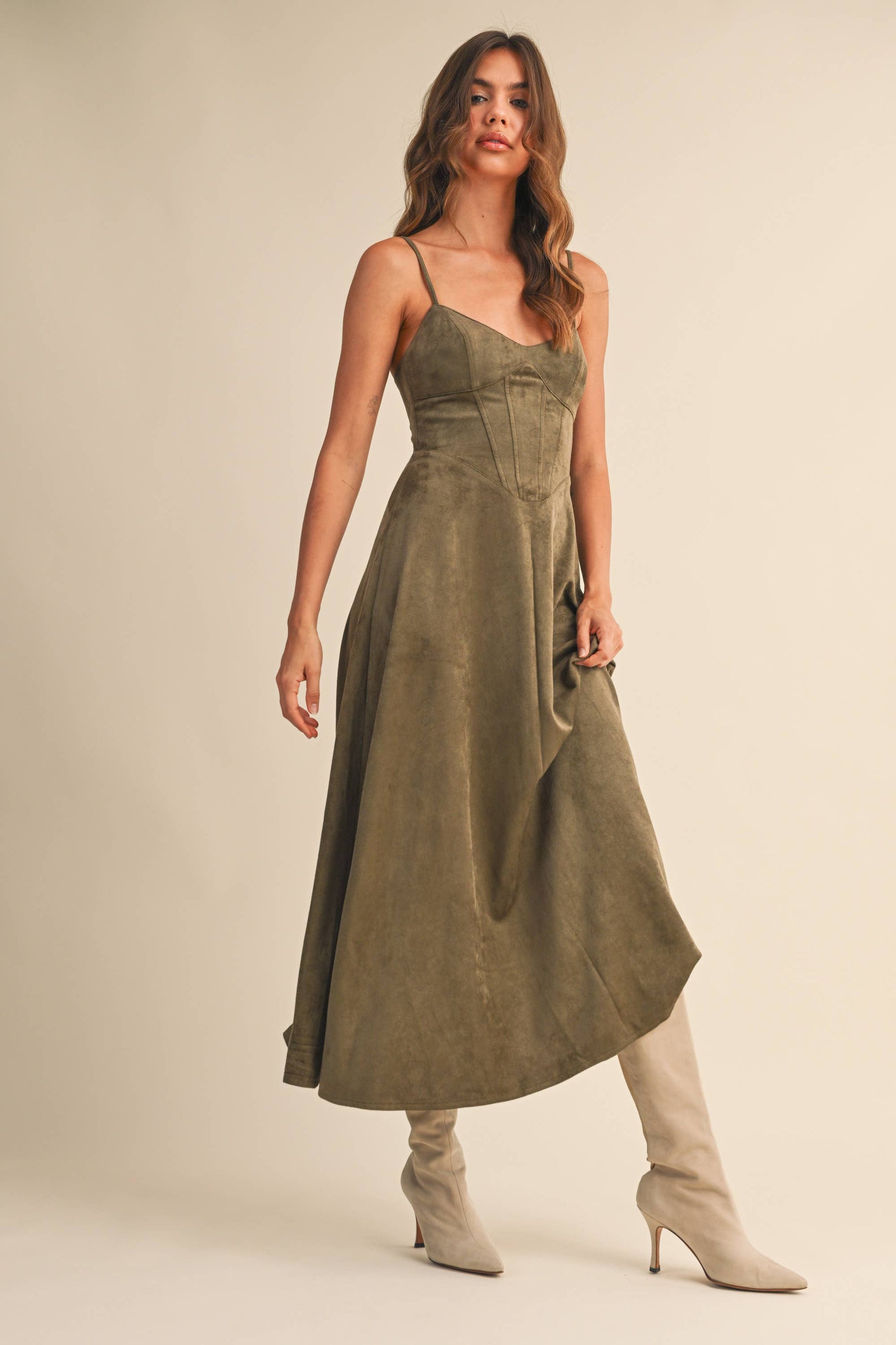 Emma Suede Corset Midi Dress in Camel Large