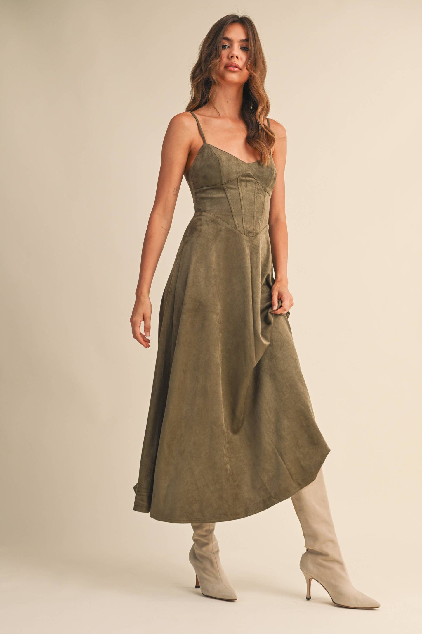 Emma Suede Corset Midi Dress in Camel