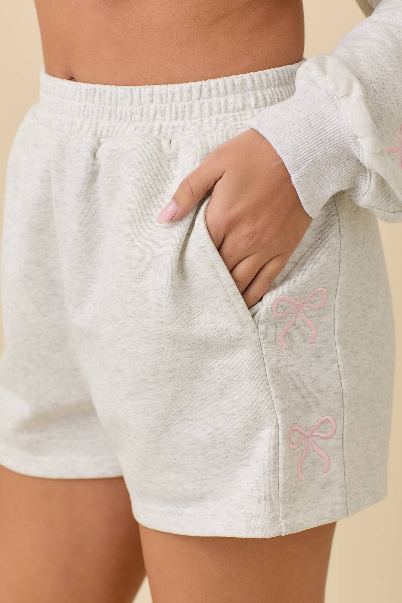 Julia Grey Ribbon Embroidered Bow Shorts