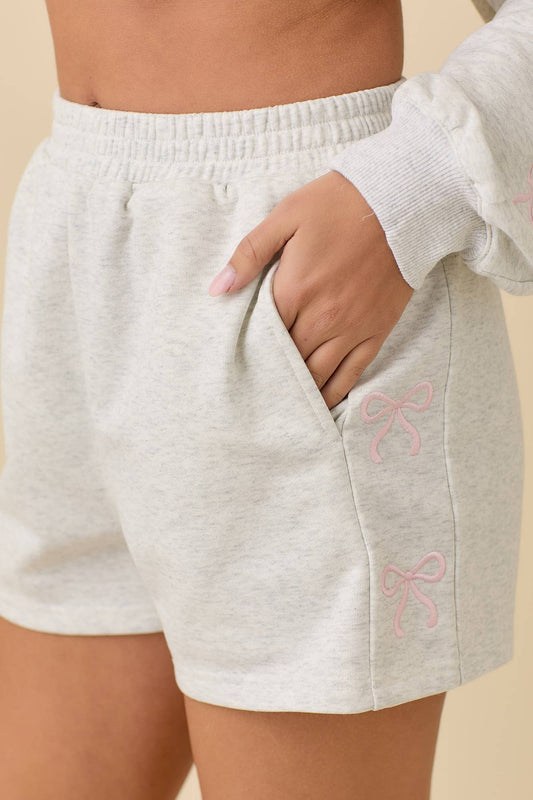 Julia Grey Ribbon Embroidered Bow Shorts