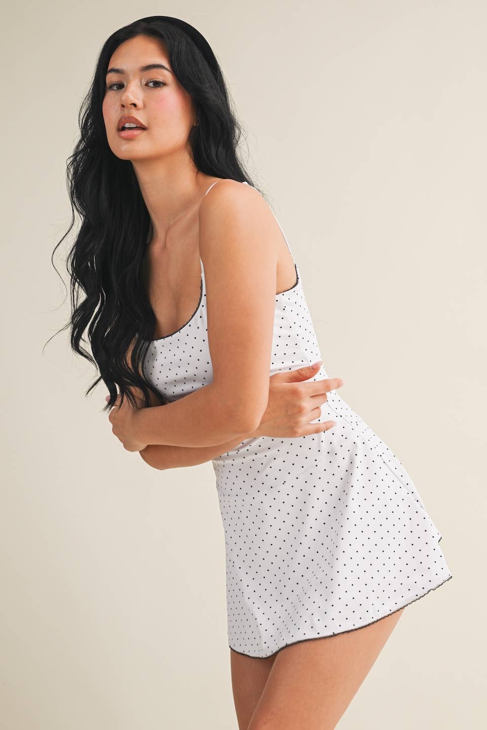 White Polka Dot Print Lace Trim Ruffle Mini Dress