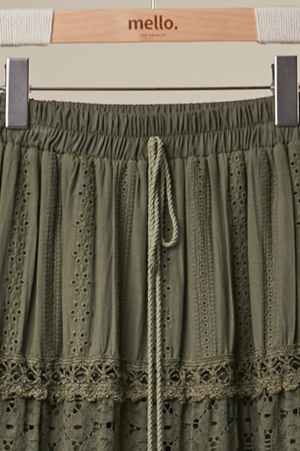 Afton Elastic Waist Maxi Skirt with Lace Trim in Olive
