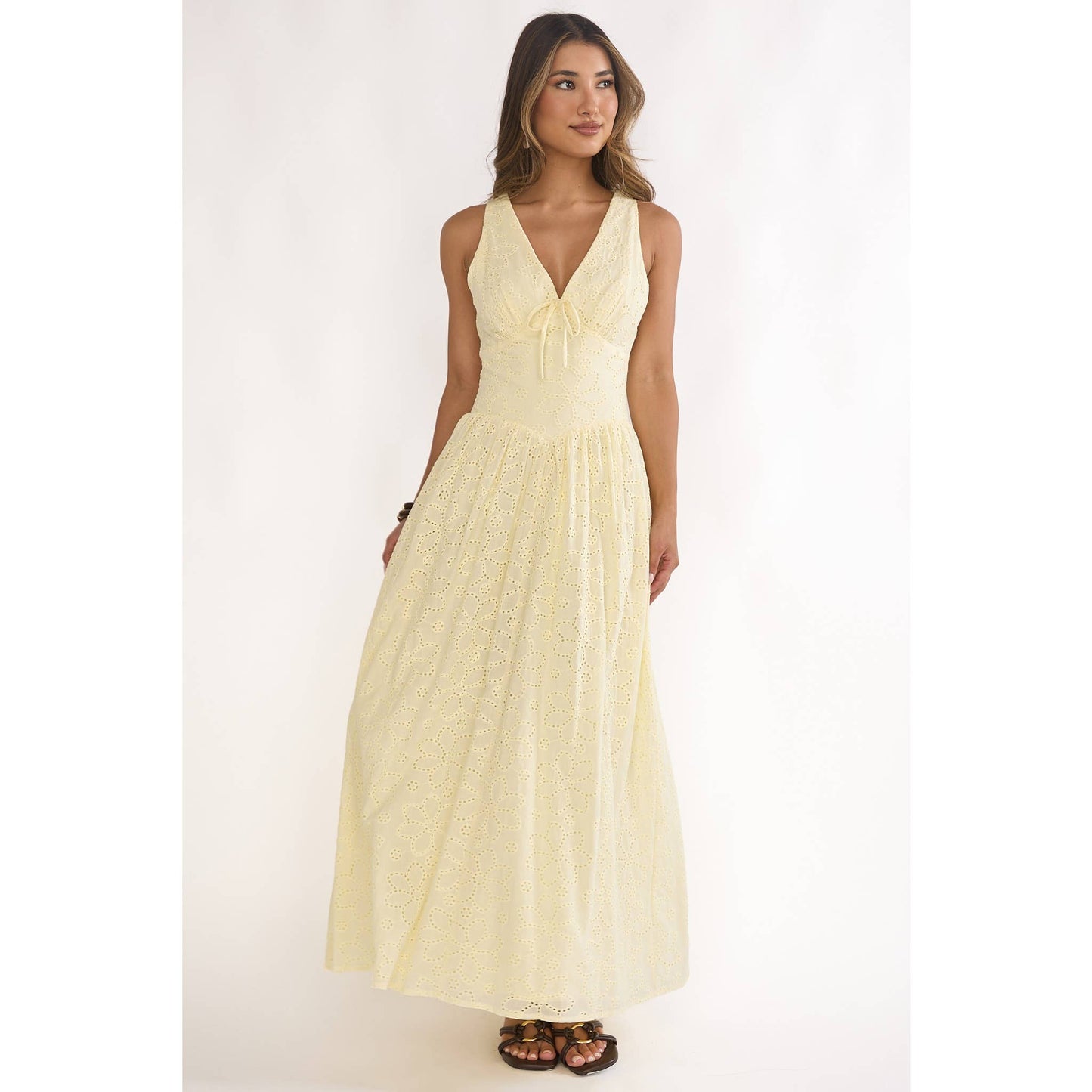 Halee Eyelit Halter Midi Dress in Lemon