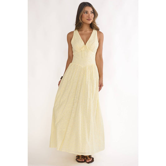 Halee Eyelit Halter Midi Dress in Lemon
