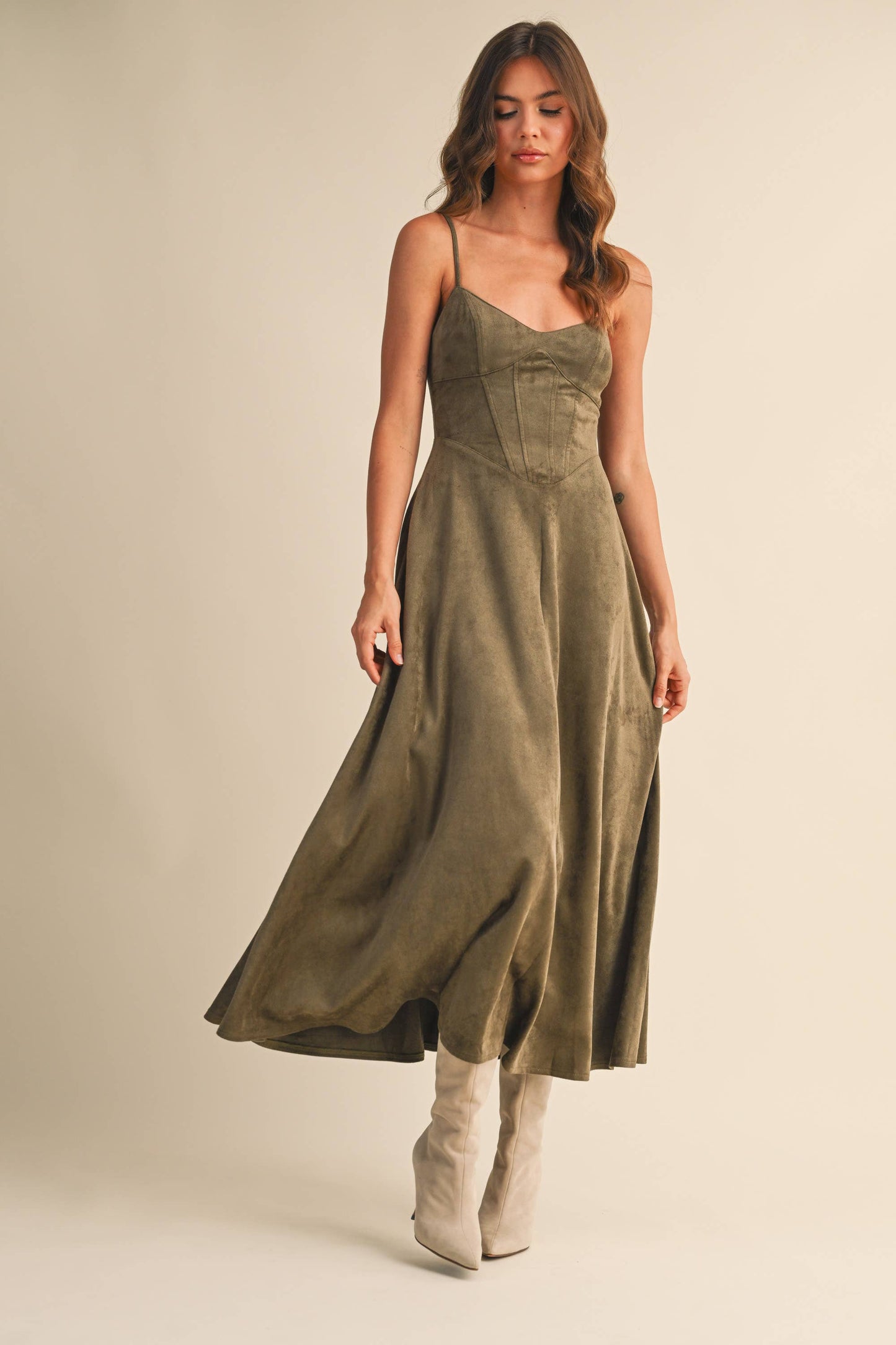 Emma Suede Corset Midi Dress in Camel