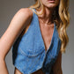 Stephanie Plunge Neck Hook Closure Bustier Crop Denim Top