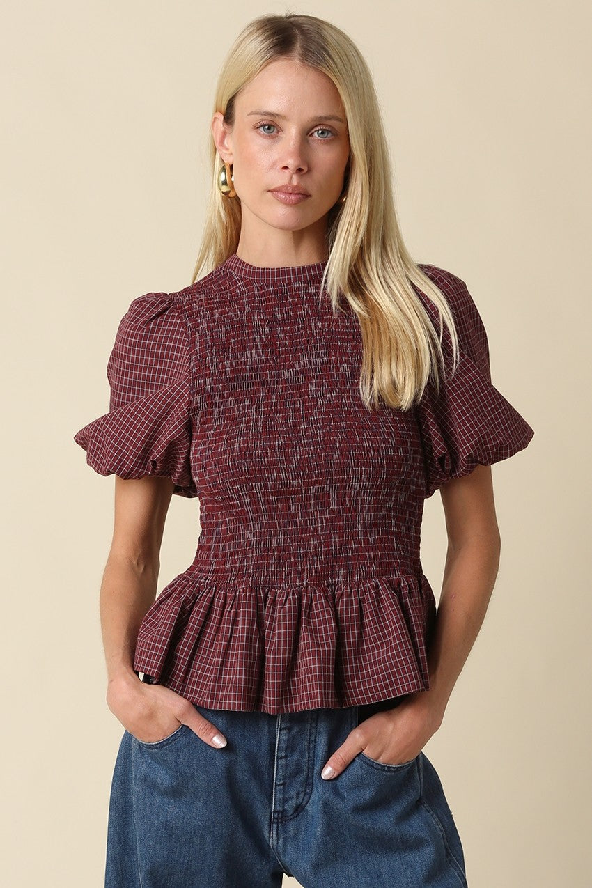 Maggie Plaid Peplum Top in Maroon