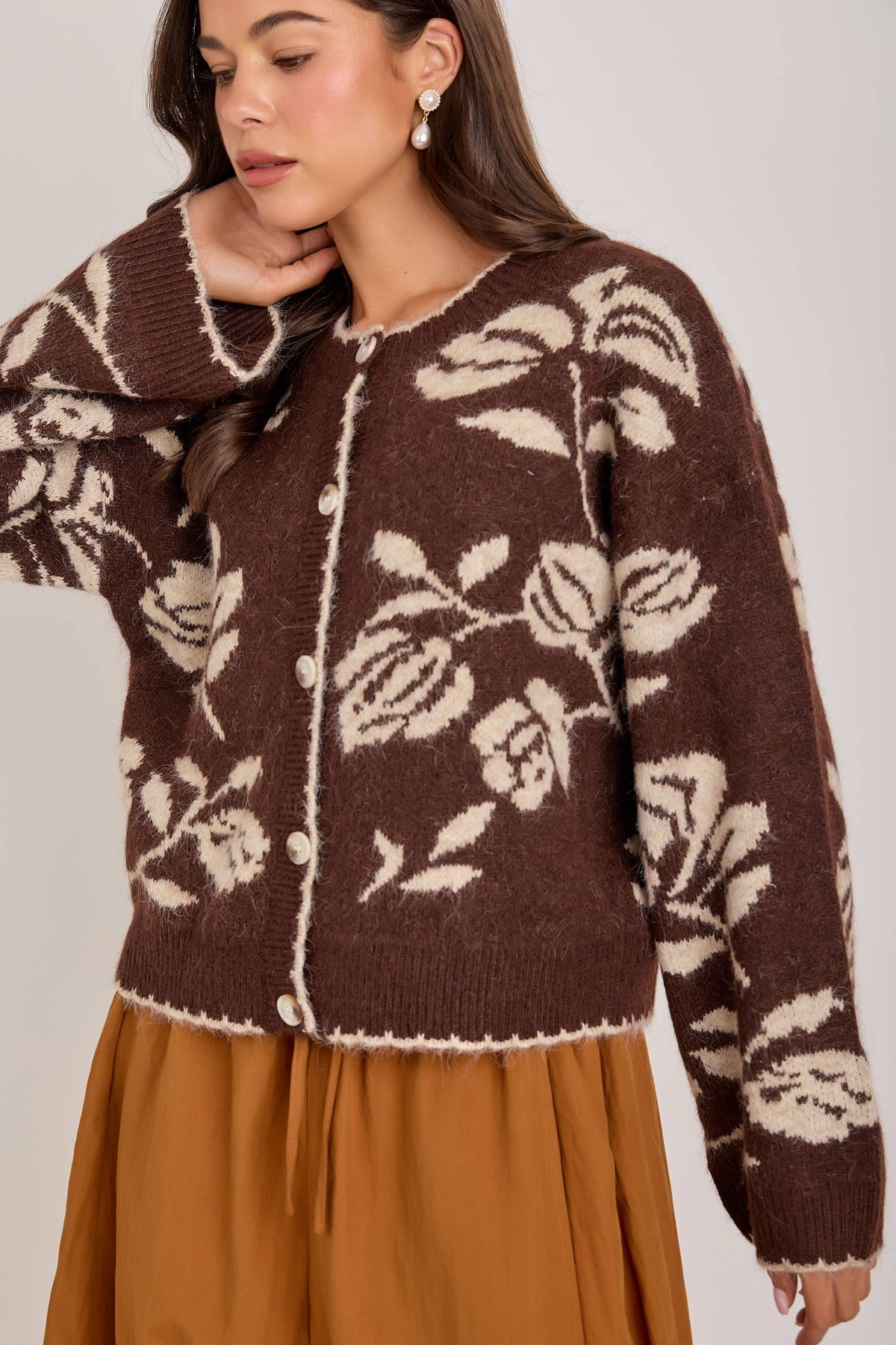 Julia Floral Patterned Cardigan in Mocha