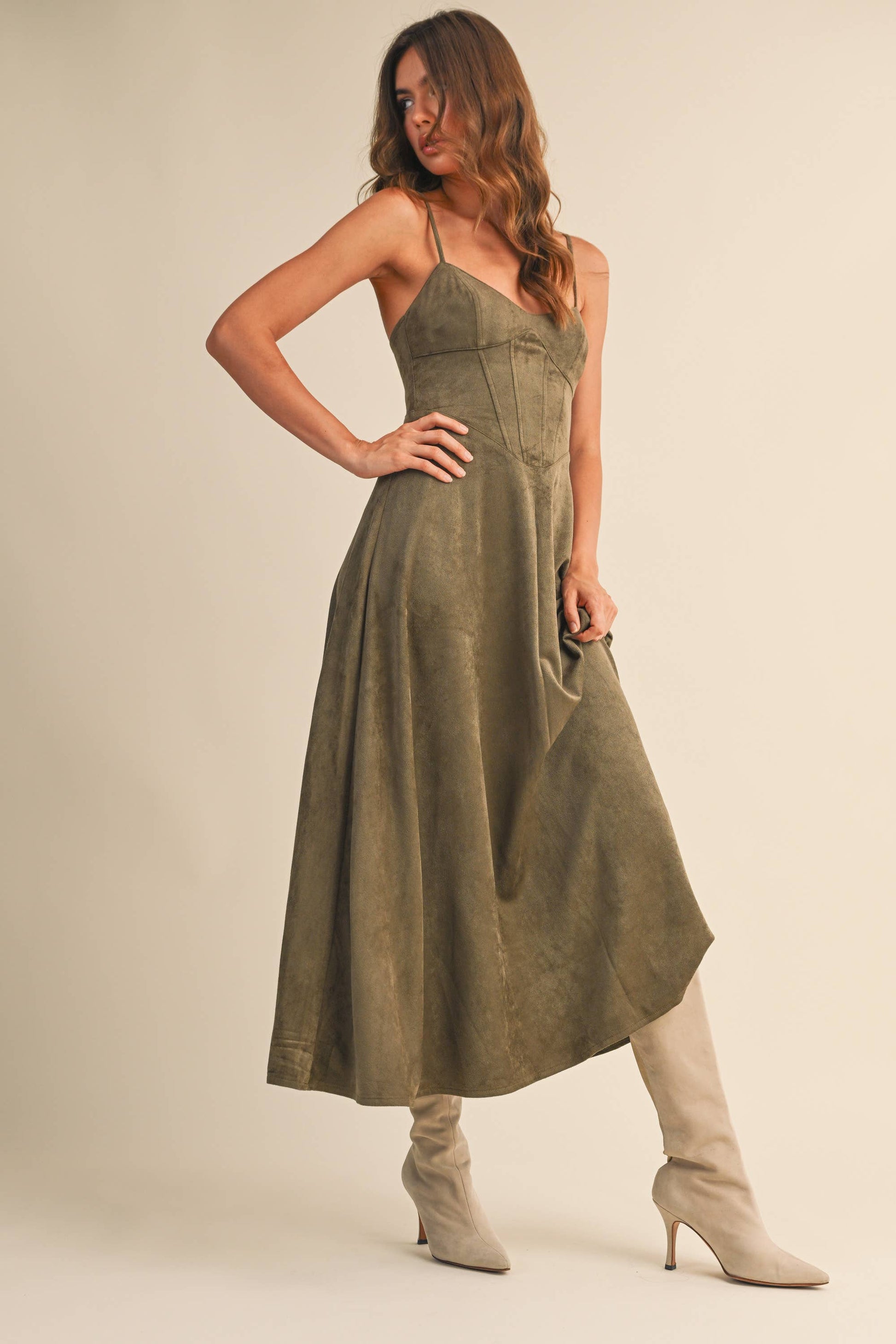 Emma Suede Corset Midi Dress in Camel Large Emma Suede Corset Midi Dress in Camel Large