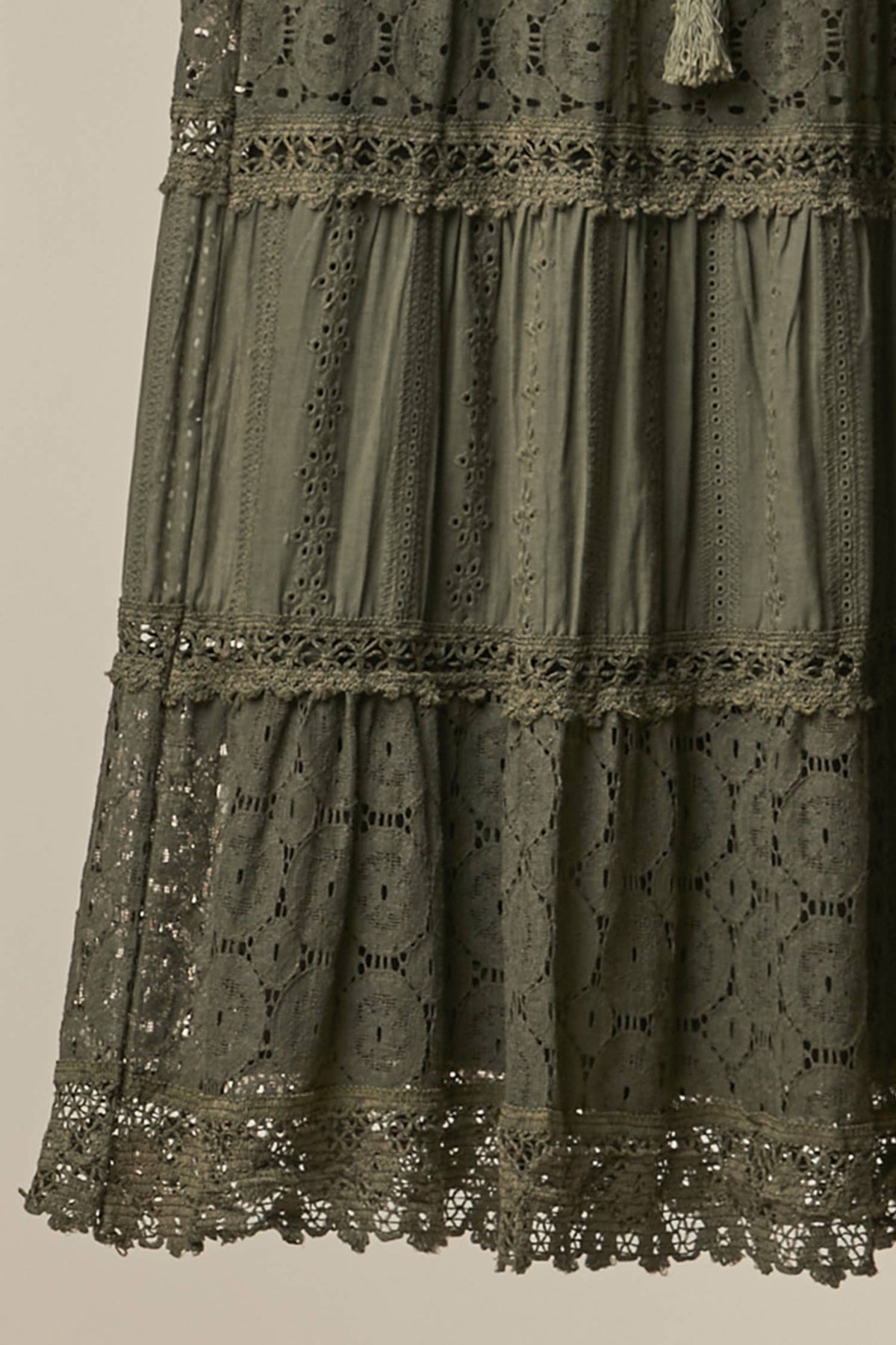 Afton Elastic Waist Maxi Skirt with Lace Trim in Olive