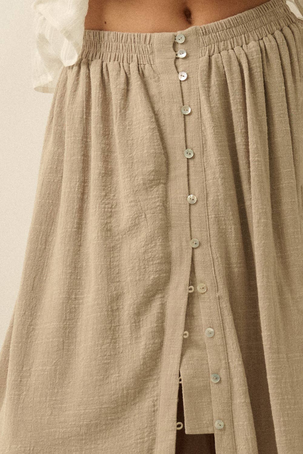 Tessa Solid Cotton Gauze Button-Front Ruffled Maxi Skirt in Stone