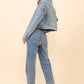 Josee Clear Crystal Crop Trucker Stretch Denim Jacket