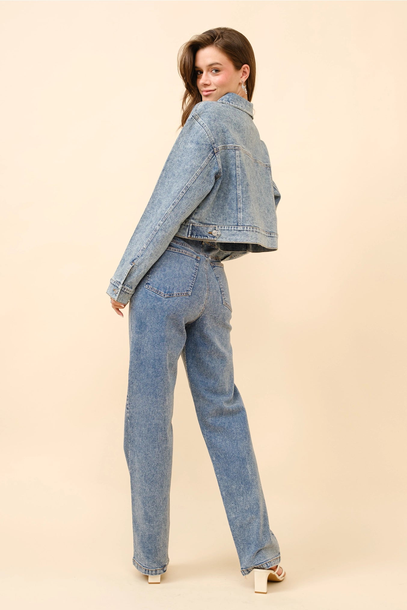 Josee Clear Crystal Crop Trucker Stretch Denim Jacket