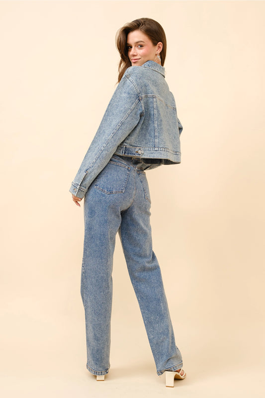 Josee Clear Crystal Crop Trucker Stretch Denim Jacket