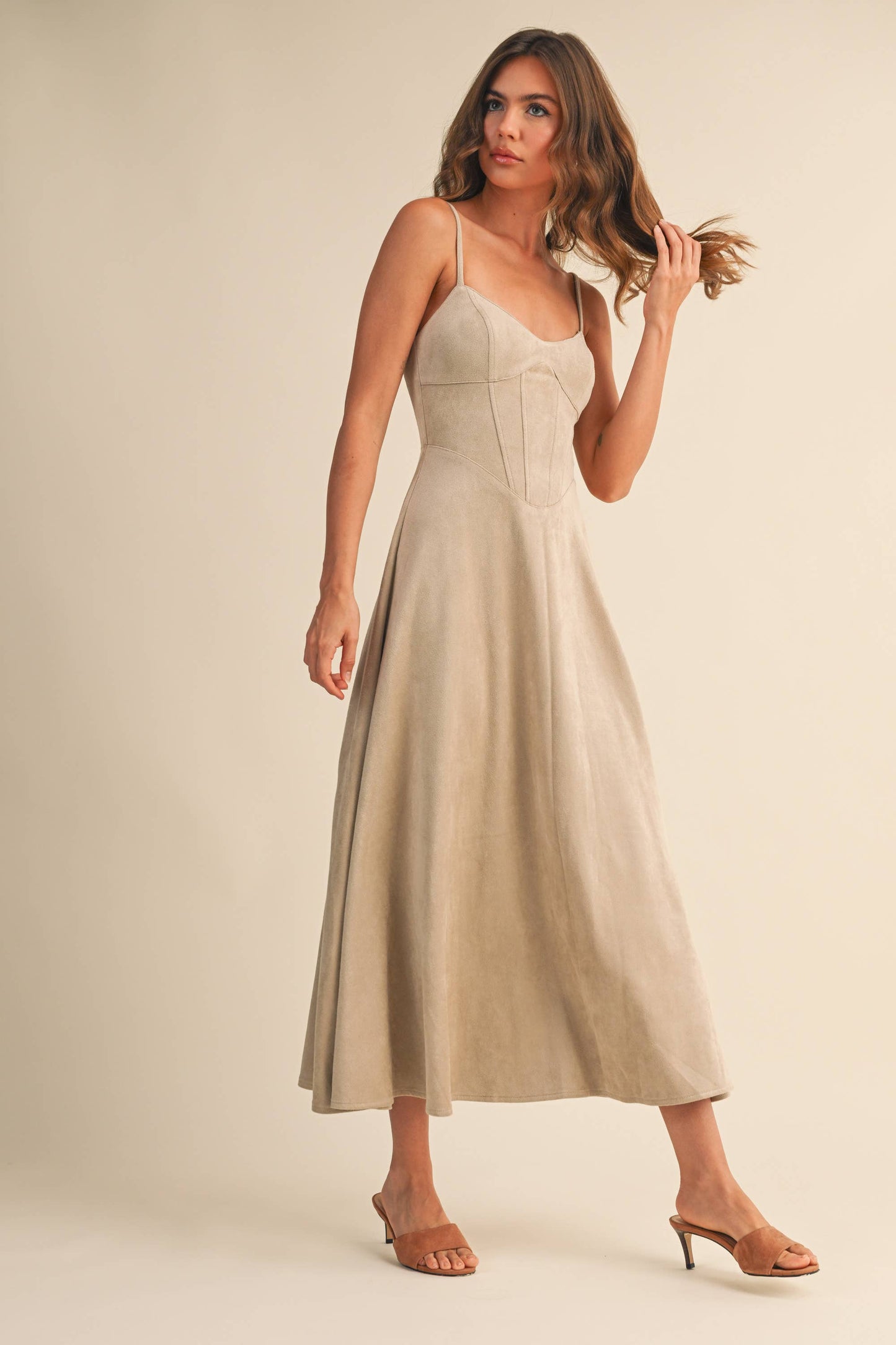 Emma Suede Corset Midi Dress in Camel