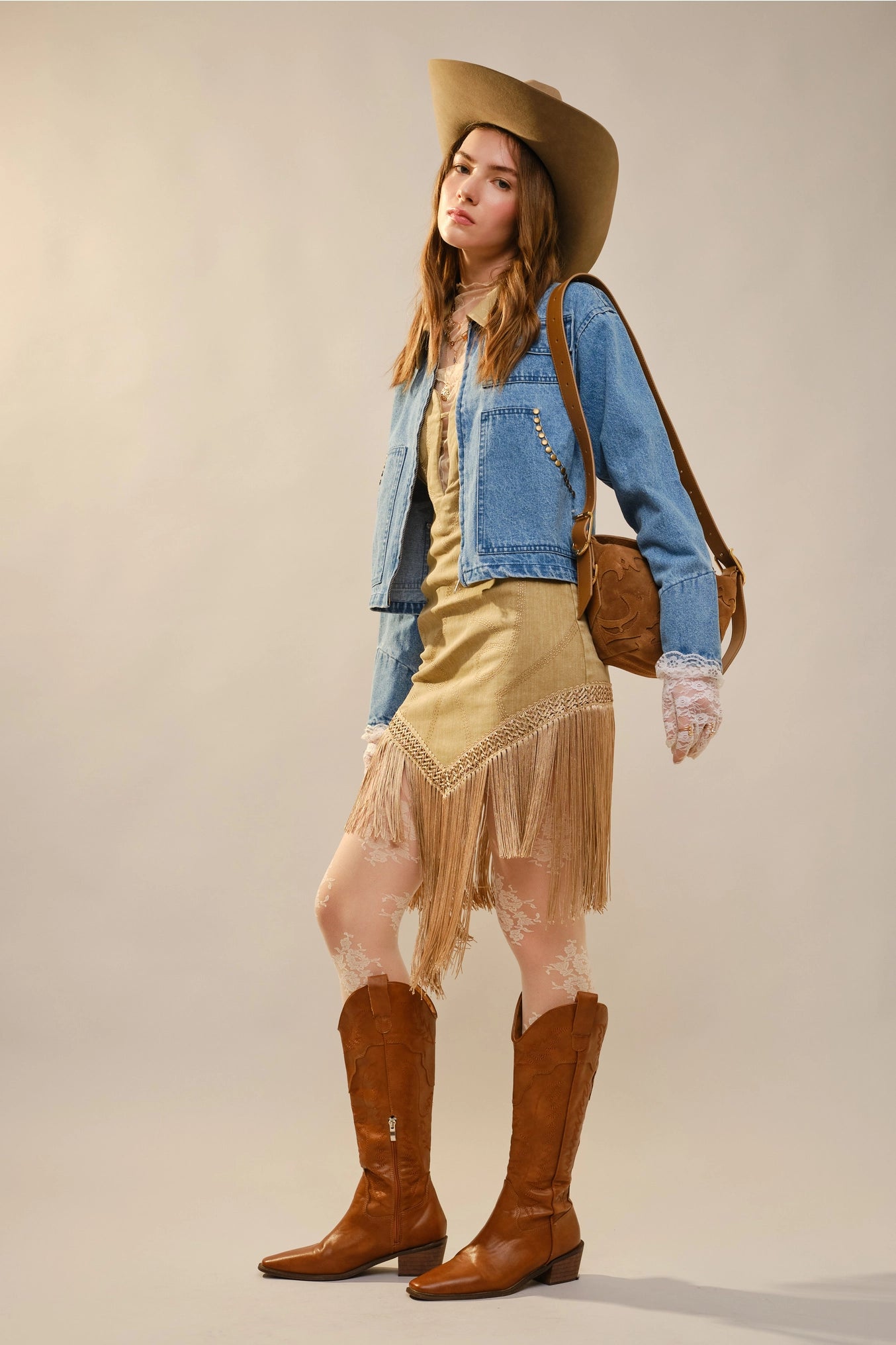 Corinne Stud Trimmed Cropped Denim Jacket