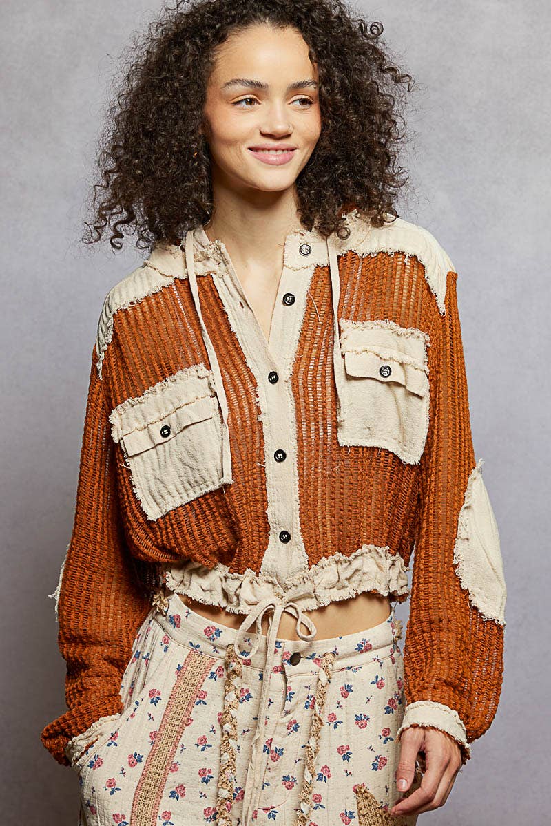 Kylie Open Knit Button Down in Rust