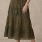Afton Elastic Waist Maxi Skirt with Lace Trim in Olive