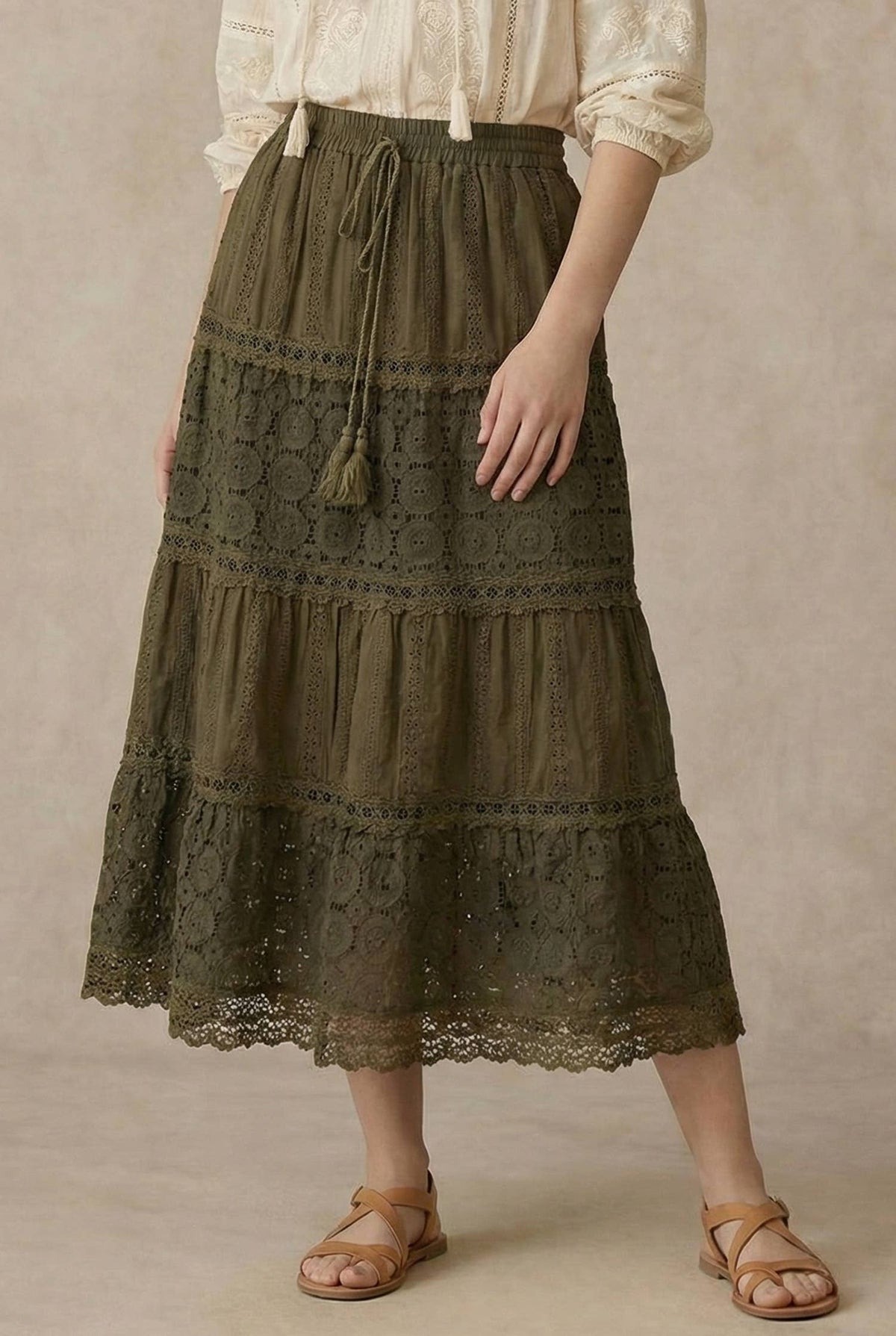 Afton Elastic Waist Maxi Skirt with Lace Trim in Olive
