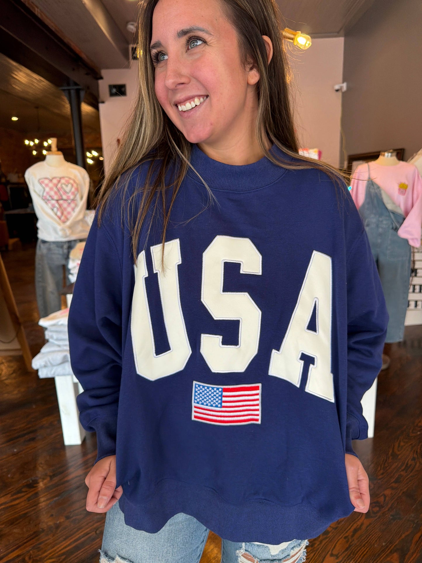 Navy USA 4th Of July Embroidered Mockneck