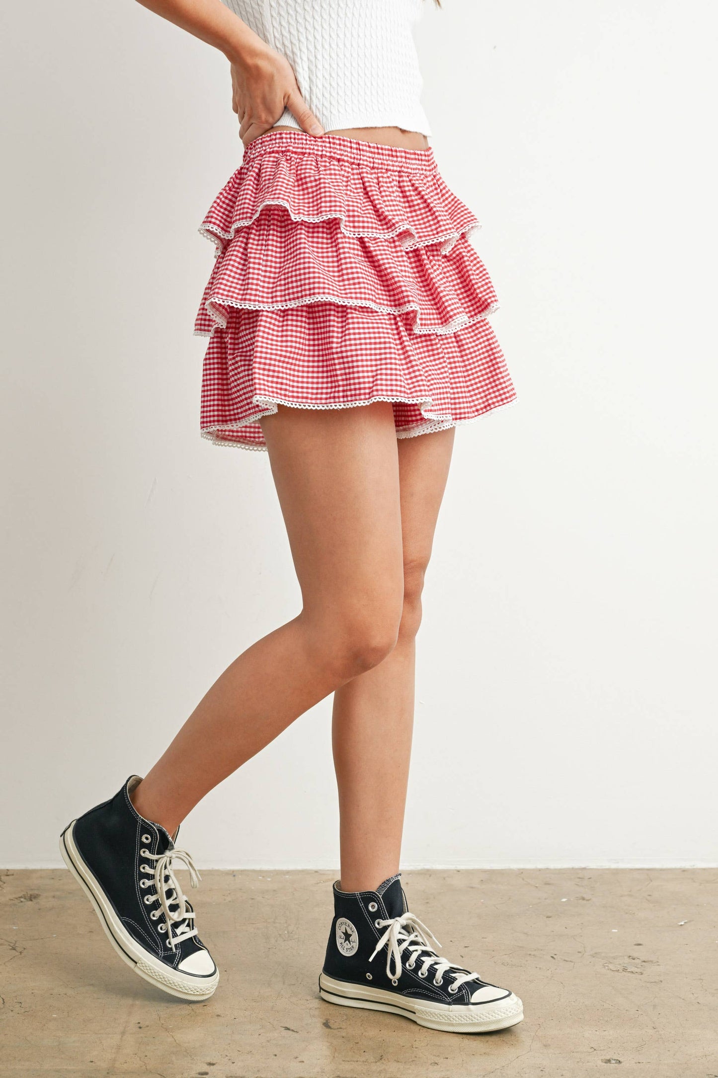 Aria Tiered Ruffle Mini Skort in Red